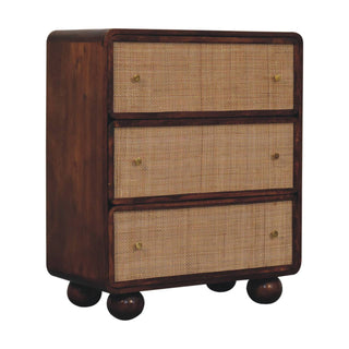 3 Drawer Wooden Chest, Mango Wood & Rattan