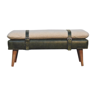 Bouclé Buffalo Hide Leather Bench Olive Green