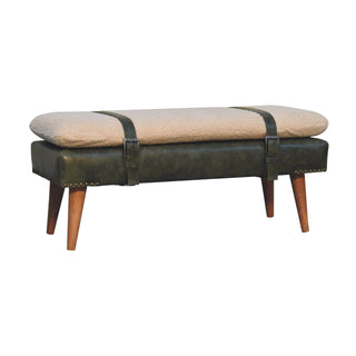 Bouclé Buffalo Hide Leather Bench Olive Green